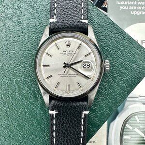 ROLEX DATEJUST SILVER "SIGMA" DIAL 18KW FLUTED BLACK LEATHER WATCH 36 MM 1601